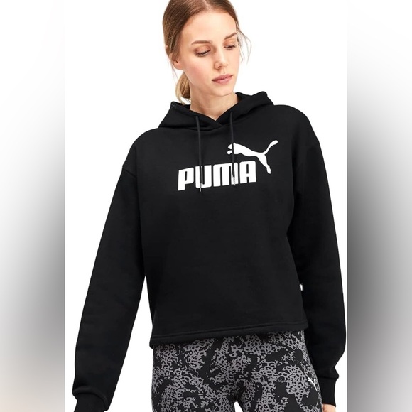 PUMA Women's Black Cropped Hooded Sweatshirt with Logo Size M - Picture 2 of 8